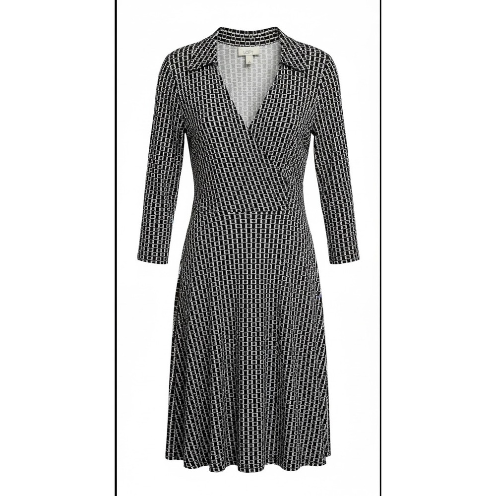 Ann Taylor LOFT Black White Geometric Square Faux Wrap Dress 3/4 Sleeve Size 6